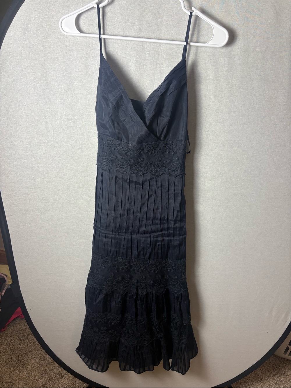 Ann Taylor Pleated Lace-Panel Midi Slip Dress Navy Blue Size 2
